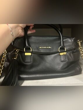 Michael Kors Black Leather Satchel with Gold Accents